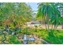 Beautiful house with a well-manicured front yard, mature trees, and a picturesque creek running through the lush green landscape at 13450 Wilcox Rd, Largo, FL 33774
