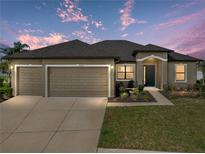 Charming single-story home with a three-car garage, fresh landscaping, and inviting curb appeal at 4043 Salida Del Sol Dr, Sun City Center, FL 33573