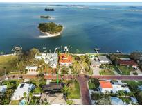 Stunning aerial view of waterfront homes with boat docks surrounded by clear blue water and lush tropical landscaping at 100 Buena Vista S Dr, Dunedin, FL 34698