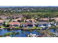 Beautiful aerial view showcasing waterfront homes, lush greenery, and a skyline in the distance at 6014 Mariners Watch Dr, Tampa, FL 33615