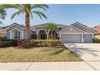 Charming home with a three-car garage, well-manicured lawn, and tropical landscaping at 10537 Greensprings Dr, Tampa, FL 33626