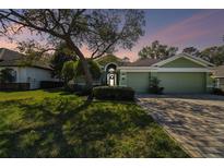 Charming single-story home with a lush green lawn, inviting curb appeal, and a brick-paved driveway at 1514 River Ct, Tarpon Springs, FL 34689