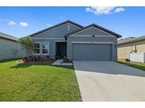 Charming single-story home with a well-manicured lawn and attached two-car garage, painted in pleasing neutral tones at 2375 Harris Hawk Ave, Ruskin, FL 33570