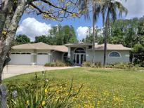 Charming single-story home with a large lawn, lush greenery, and an attached two-car garage at 8946 Old Pasco Rd, Wesley Chapel, FL 33544