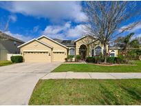 Charming single-story home featuring a well-manicured lawn and a three-car garage at 20330 Natures Corner Dr, Tampa, FL 33647