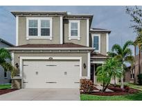 Charming two-story home featuring a two-car garage, landscaped front yard, and neutral stucco exterior at 29011 Trevi Pl, Wesley Chapel, FL 33543