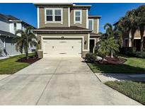 Charming two-story home featuring a two-car garage and tropical landscaping at 29011 Trevi Pl, Wesley Chapel, FL 33543