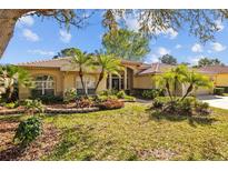 Beautiful home with a well-manicured lawn, lush tropical landscaping, and a red tile roof on a sunny day at 1213 Halifax Ct, Tarpon Springs, FL 34688