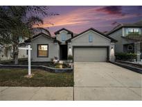 Charming single-Gathering home with a well-manicured lawn and a two-car garage at sunset at 14330 Fissore Blvd, Wimauma, FL 33598