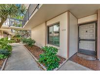 Exterior view of unit 113 featuring a neutral color scheme, an inviting entrance and manicured landscaping at 6268 Palma Del Mar S Blvd # 113, St Petersburg, FL 33715