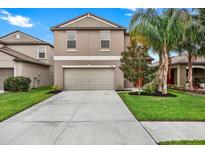 Two-story home with a two-car garage, manicured lawn, and vibrant tropical landscaping at 10207 Summer Kiss Ave, Riverview, FL 33578