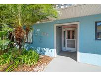 Inviting front entrance with a decorative palm tree and number plate on a bright blue building exterior at 104 Anclote Rd # 104, Tarpon Springs, FL 34689