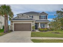 Charming two-story home featuring a well-manicured lawn, a two-car garage, and beautiful landscaping at 34159 Astoria Cir, Wesley Chapel, FL 33545