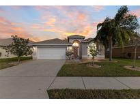 Charming one story home featuring a manicured lawn, mature landscaping, and a two car garage at 30554 Pecan Valley Loop, Wesley Chapel, FL 33543