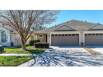 Charming home featuring a two-car garage, landscaped yard, and mature tree providing shade and curb appeal at 31826 Larkenheath Dr, Wesley Chapel, FL 33543