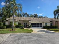 Charming home with a well-manicured lawn, lush landscaping, and a spacious driveway leading to an attached two-car garage at 1236 Flora Vista St, Trinity, FL 34655