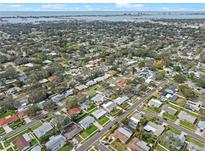 Expansive aerial view of a neighborhood with tree-lined streets, showcasing the home's location near the water at 1350 Maple Sw St, Largo, FL 33770