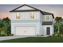 Two-story home featuring a white garage door, light blue siding, and two palm trees at 10348 Cross River Trl, Parrish, FL 34219