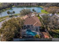 An aerial view shows the pool, covered patio, and landscaping on a property overlooking a large pond at 3017 Minuteman Ln, Brandon, FL 33511