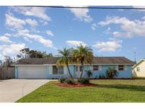 Charming single-story home features a blue exterior, well-manicured lawn, and beautiful palm trees in front at 608 Florida S Cir, Apollo Beach, FL 33572