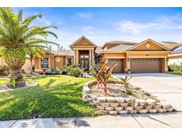 Stunning home with a three-car garage, manicured landscaping, and a beautiful palm tree in the front yard at 16410 Ivy Lake Dr, Odessa, FL 33556