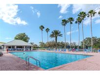 Outdoor pool area with lounge chairs, palm trees, and a clear blue sky, perfect for relaxation at 9376 French Quarters Cir, Weeki Wachee, FL 34613
