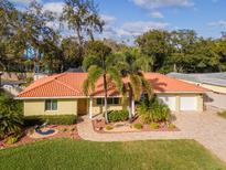 Charming one-story home with a bright orange tile roof, brick driveway, and lush tropical landscaping at 220 Garden S Cir, Dunedin, FL 34698