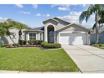 Charming single Gathering home with a well maintained lawn and beautiful Florida landscaping at 31101 Wrencrest Dr, Wesley Chapel, FL 33543