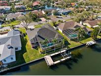 Waterfront home featuring a private boat dock and lift with an enclosed pool area surrounded by palm trees at 5815 Dory Way, Tampa, FL 33615