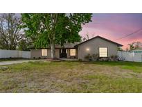 Charming single-story home showcasing a well-maintained front yard and mature tree at dusk at 2427 Comerwood Dr, Spring Hill, FL 34609