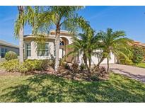 Charming home exterior with lush landscaping, palm trees, and a well-manicured lawn at 16023 Golden Lakes Dr, Wimauma, FL 33598