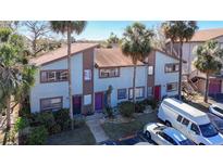 Exterior view of the townhomes featuring colorful front doors, mature palms, and ample parking at 6323 Newtown Cir # 23A1, Tampa, FL 33615