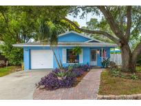Charming blue single-story home with a lush front yard, brick walkway, and an attached single car garage at 1335 15Th St, Palm Harbor, FL 34683