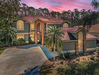 Beautiful two-story home with a brick facade and a well-manicured lawn set against a dramatic pink sky at 2075 Warwick Dr, Oldsmar, FL 34677