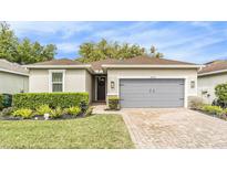 Charming single-story home featuring a well-maintained lawn, brick driveway, and a neutral color scheme at 25325 Welsh Poppy Way, Land O Lakes, FL 34639