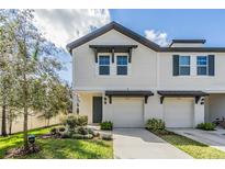 Charming townhome with a well-manicured lawn, inviting entrance, and attached garages under a sunny sky at 2710 Chestnut Creek Pl, Brandon, FL 33510