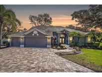 Charming single-story home featuring a three-car garage, brick driveway, and landscaped front yard at sunset at 10129 Paddock Oaks Dr, Riverview, FL 33569