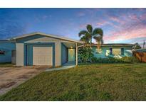 Charming one-story home featuring a well-manicured lawn, a palm tree, and a driveway leading to the attached garage at 11077 87Th Ave, Seminole, FL 33772