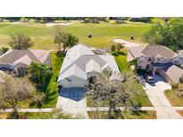 Stunning aerial view of a home overlooking a lush green golf course with a screened in pool at 18111 Diamond Cove Ct, Tampa, FL 33647