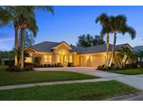Stunning home exterior featuring lush landscaping, mature palm trees, and a well-manicured lawn at dusk at 11815 Marblehead Dr, Tampa, FL 33626