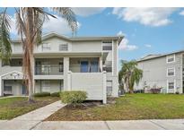 Two-story condo with blue doors and a well-manicured lawn surrounded by mature trees and ample greenery at 7224 E Bank Dr # 206, Tampa, FL 33617
