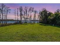 Large backyard features a green lawn extending to the waterfront with a dock and scenic sunset views at 7730 N Mobley Rd, Odessa, FL 33556