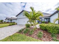 Charming home with a well-manicured lawn, brick driveway, and a beautiful palm tree in the front yard at 8435 Ocean Tides Cv, Parrish, FL 34219
