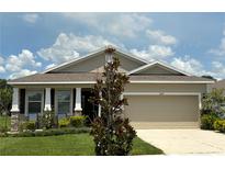 Charming one-story home featuring neutral color, two-car garage, manicured lawn and beautiful blue skies at 8438 Wheat Stone Dr, Zephyrhills, FL 33540