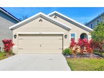 Charming single-Gathering home featuring a two-car garage and well-maintained landscaping with red plants at 17014 Oval Rum Dr, Wimauma, FL 33598