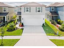 Inviting two-story home showcasing a well-manicured lawn and a convenient two-car garage at 29922 Marquette Ave, Wesley Chapel, FL 33545