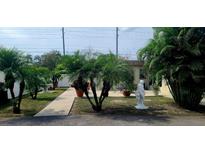 Charming front yard adorned with lush palms, potted plants, and decorative statues at 6213 Sheldon Rd, Tampa, FL 33615