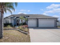 Charming single-story home featuring a three-car garage, a well-manicured lawn, and beautiful landscaping at 9705 Mary Robin Dr, Riverview, FL 33569