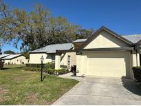 Charming home exterior featuring a well-maintained lawn, mature landscaping, and an attached two-car garage at 3497 Birchwood Ct, Palm Harbor, FL 34684