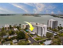 An aerial view shows a waterfront building with a pool, bay views, and city views at 30 Turner St # 203, Clearwater, FL 33756
